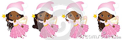 Vector Cute Little Christmas Fairies with Magic Wands Flying Vector Illustration