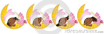 Vector Cute Little Christmas Fairies Sleeping on the Moon Vector Illustration