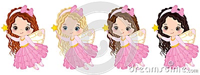 Vector Cute Little Fairies with Magic Wands Flying Vector Illustration