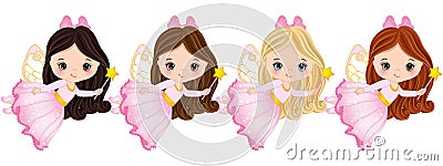 Vector Cute Little Fairies with Magic Wands Flying Vector Illustration