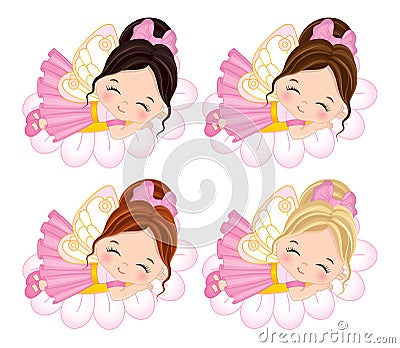 Vector Cute Little Fairies Sleeping on Flowers Vector Illustration