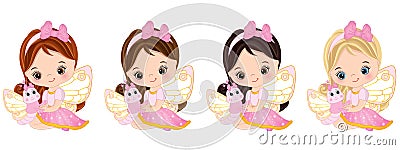 Vector Cute Little Fairies with Butterflies Vector Illustration