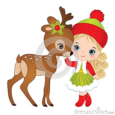 Vector Cute Little Girl with Baby Deer Vector Illustration