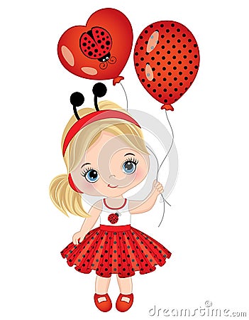 Cute Little Girl Wearing Ladybug Antenna Headband. Vector Ladybug Girl Vector Illustration