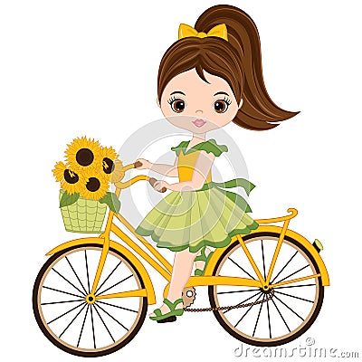 Vector Cute Little Girl with Bicycle Vector Illustration