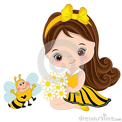 Vector Cute Little Girl with Bee and Flowers Vector Illustration