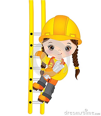 Vector Cute Little Girl Climbing up the Ladder and Holding Drawings. Vector Little Builder Vector Illustration