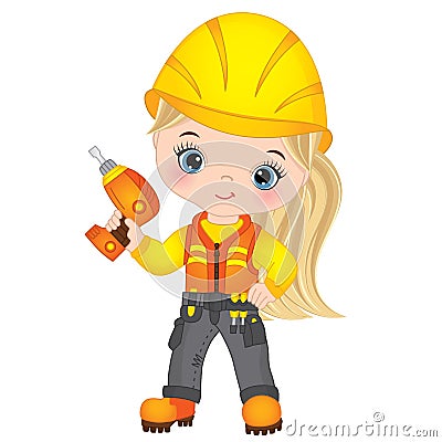 Vector Cute Little Girl Drilling. Vector Little Builder. Vector construction Vector Illustration