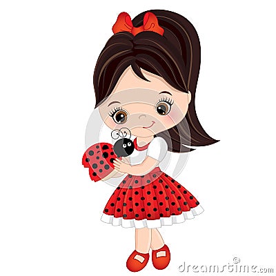 Vector Cute Little Dark-Haired Girl Holding Ladybug Vector Illustration