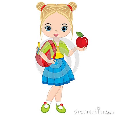 Vector Cute Little Girl with School Bag and Apple Vector Illustration