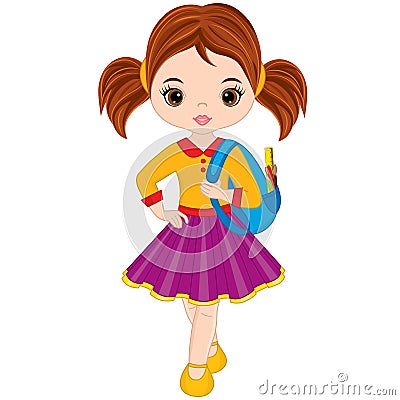 Vector Cute Little Girl with School Bag Vector Illustration