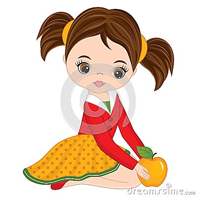 Vector Cute Little Girl with Yellow Apple Vector Illustration