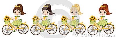 Vector Cute Little Girls with Bicycles Vector Illustration