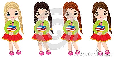 Vector Cute Little Girls with Books Vector Illustration