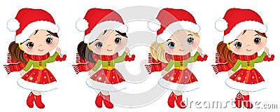 Vector Cute Little Girls with Christmas Red Berries Vector Illustration