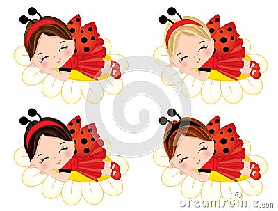 Vector Cute Little Girls Sleeping on Flowers Vector Illustration