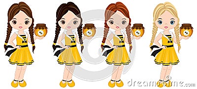 Vector Cute Little Girls with Various Hair Colors Dressed in Bee Style Vector Illustration