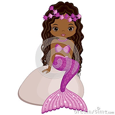 African American Cute Mermaid with Purple Fishtail. Vector Mermaid Vector Illustration