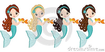 Vector Cute Little Mermaids with Fish. Vector Mermaids Vector Illustration