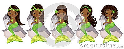 Vector Cute Little Mermaids with Fur Seals. Vector African American Mermaids Vector Illustration