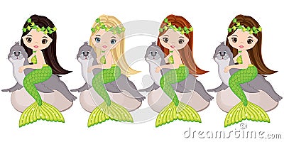 Vector Cute Little Mermaids with Fur Seals. Vector Mermaids Vector Illustration