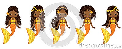 Vector Cute Little Mermaids Swimming. Vector African American Mermaids Vector Illustration