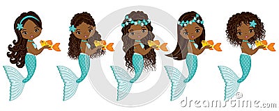 Vector Cute Little Mermaids. Vector African American Mermaids Vector Illustration