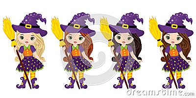 Vector Cute Little Witches with Broomsticks Vector Illustration