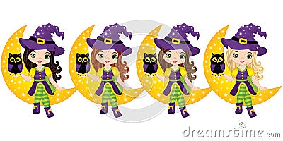 Vector Cute Little Witches with Owls Sitting on the Crescent Vector Illustration