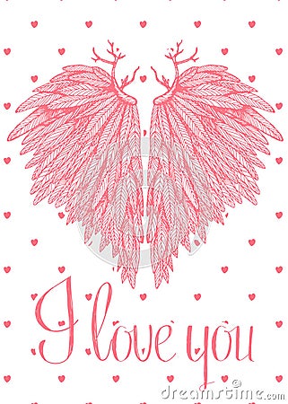 Vector cute lovely card with heart shaped angel wings Vector Illustration