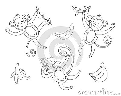 Vector cute monkey with bananas outline set. Funny tropical exotic animal and fruit black and white illustration. Fun coloring Vector Illustration