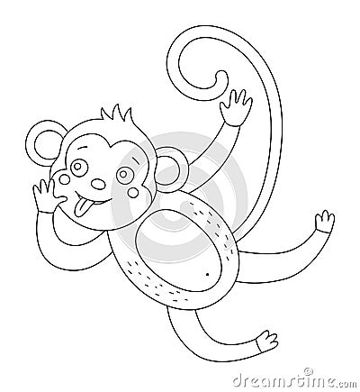 Vector cute monkey with stuck out tongue outline. Funny tropical exotic animal black and white illustration. Fun coloring page for Vector Illustration