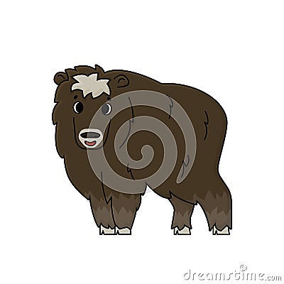 Vector cute outline cartoon Ovibos moschatus or fluffy standing muskox. Hand drawn doodle isolated illustration on white Vector Illustration