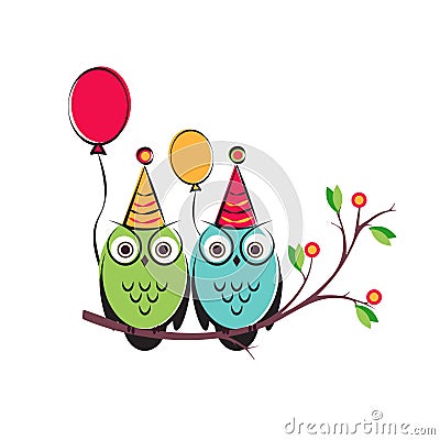 Vector cute owls couple with balloons on the tree branch. Isolated design a white background for happy birthday Vector Illustration