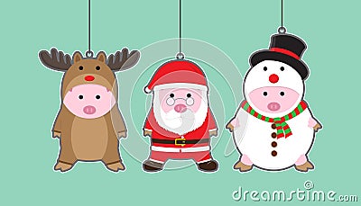 Vector 3 Cute Pigs in Reindeer, Santa Claus, Snowman costume Vector Illustration