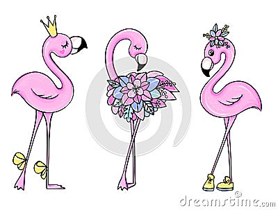 Vector cute Pink flamingos set with crown and flowers. Vector Illustration