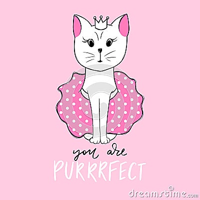 Vector cute princess cat illustration. Hand drawn Stylish kitten art. Doodle Kitty. Cartoon animal isolated on white Cartoon Illustration