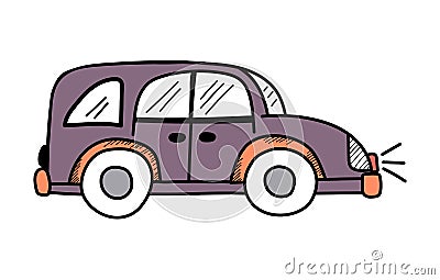 Vector cute purple car in doodle style on a white background, children`s illustration Vector Illustration