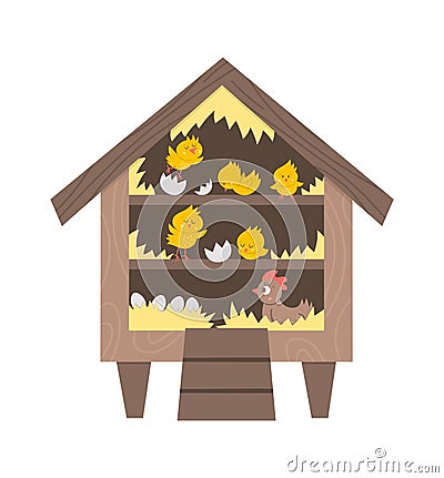 Vector cute roost icon with hatching chicks and hen inside. Funny perch illustration for kids. Farm or garden birds house isolated Vector Illustration