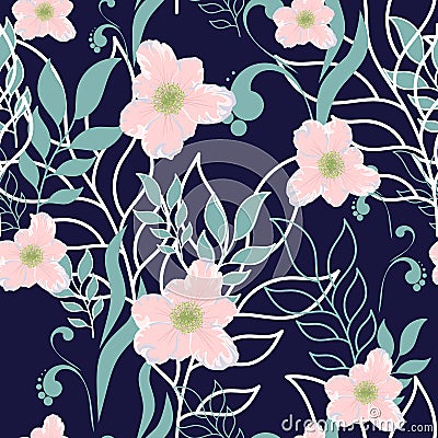 Vector cute seamless leaves and flowers spring pattern. Big set of mint floral elements and pink flowers. Stock Photo