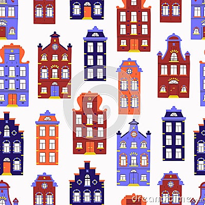 Vector cute seamless pattern with doodle traditional houses. Vector background of multi-colored facades of old buildings Vector Illustration