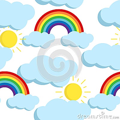 Cute vector seamless pattern with rainbows and clouds icons. Vector Illustration