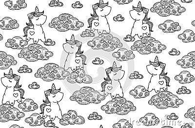 Vector cute seamless pattern, unicorns in clouds. Vector Illustration