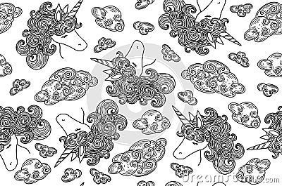 Vector cute seamless pattern, unicorns in clouds. Vector Illustration