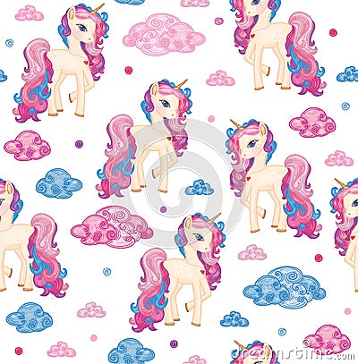 Vector cute seamless pattern, unicorns and clouds. Vector Illustration
