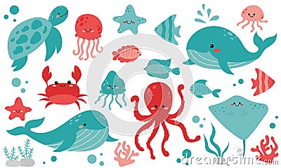 Vector cute set with sea animals and algae. Marine collection with whale, octopus, fish, crab Vector Illustration