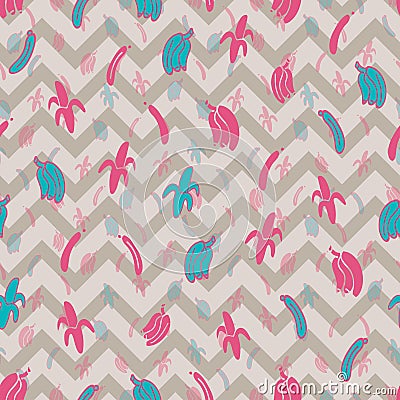 Vector cute silhouette bananas on grey chevron seamless pattern background Vector Illustration