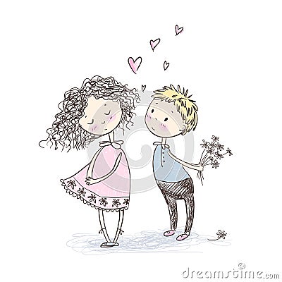 Vector cute sketchy style younge couple. Valentine`s card. The f Vector Illustration