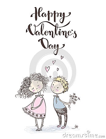 Vector cute sketchy style younge couple. Valentine`s card. Happy Vector Illustration
