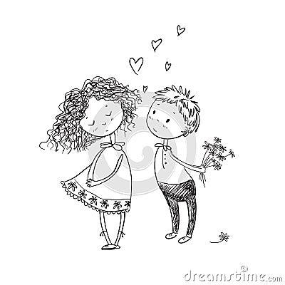 Vector cute sketchy style younge couple. Valentine`s card. The f Vector Illustration